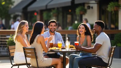 A Circle of five sharing food and drinks at a patio table